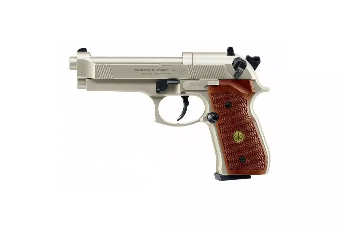 Pistolet Umarex Beretta M92 FS Nickel Wood calibre 4.5 mm diabolo 3,5 Joules 