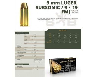 MUNITIONS SELLIER & BELLOT CALIBRE 9x19 FMJ 150 GRAINS SUBSONIQUES 