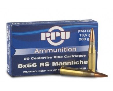 Munitions PPU calibre 8x56 RS Mannlicher FMJ BT 208 grains 