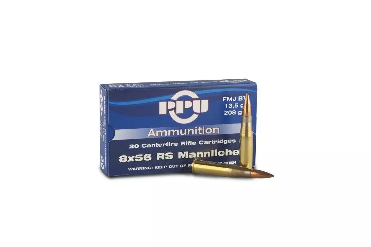 Munitions PPU calibre 8x56 RS Mannlicher FMJ BT 208 grains 