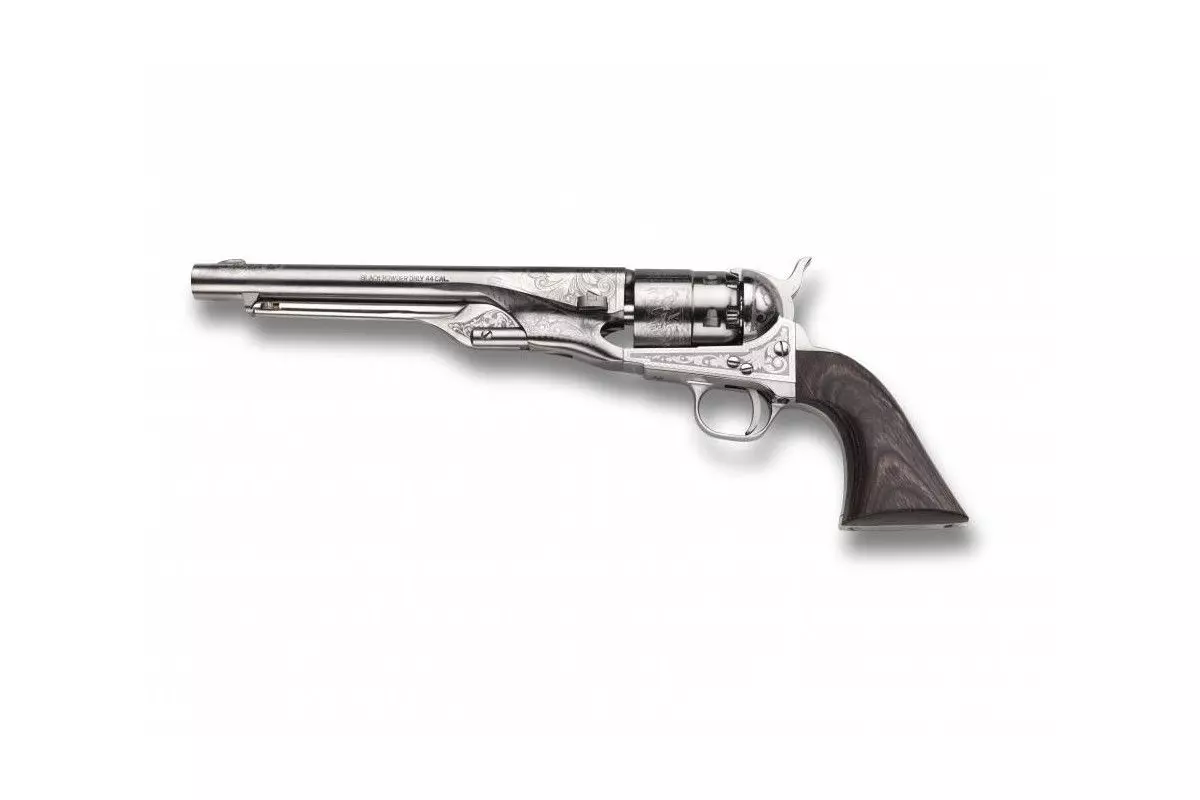 Révolver poudre noire Pietta 1860 Colt Army poli blanc gravé acier calibre 44 