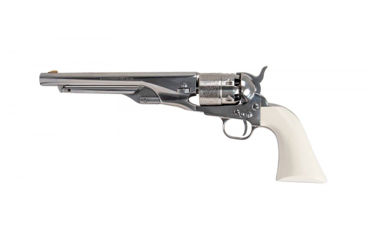 Révolver poudre noire Pietta 1860 Army Old Silver ivoirine bande acier calibre 44 Révolver poudre noire Pietta 1860 Army Old Silver ivoirine bande acier calibre 44