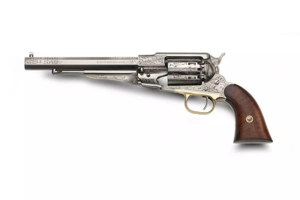 Révolver poudre noire Pietta 1858 Remington Nickelé de luxe gravé laiton calibre 44 