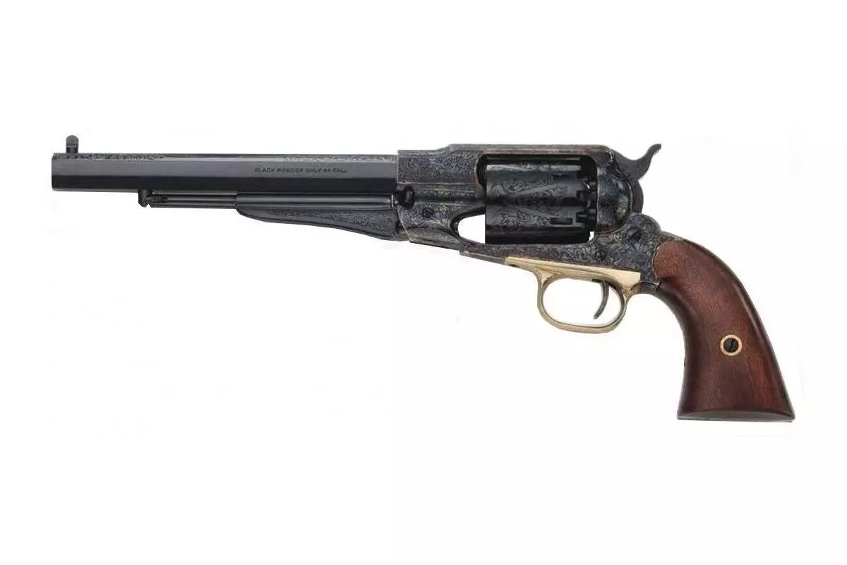 Révolver poudre noire Pietta 1858 Remington New Model Army acier jaspé gravé calibre 44 