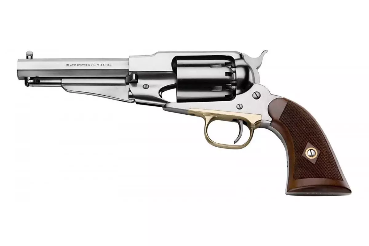 Révolver poudre noire Pietta 1858 Remington New Model Army Sheriff Inox Quadrillées acier calibre 44 