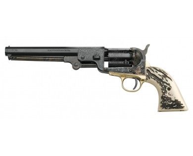 Révolver poudre noire Pietta 1851 Navy Yank Deluxe Stag gravé acier calibre 36 édition limitée 