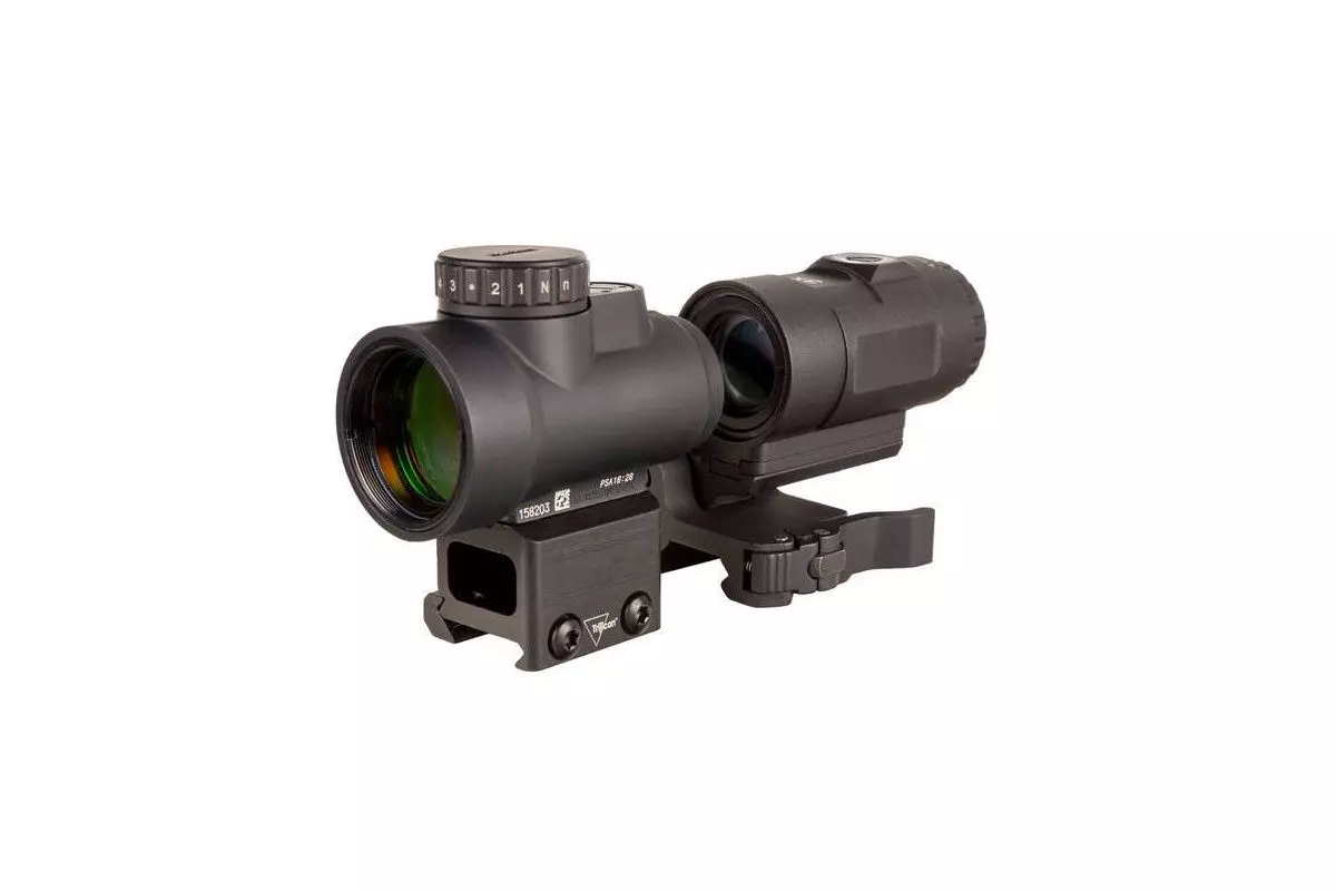 Combo Trijicon viseur MRO HD 1x25 red dot 2 MOA & magnifier MRO HD 3x25 montage Picatinny QR basculant Flip-to-Side 