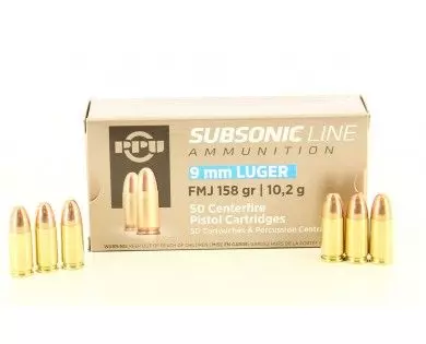 Munitions PPU subsonic 9mm Luger FMJ 158 Grs 