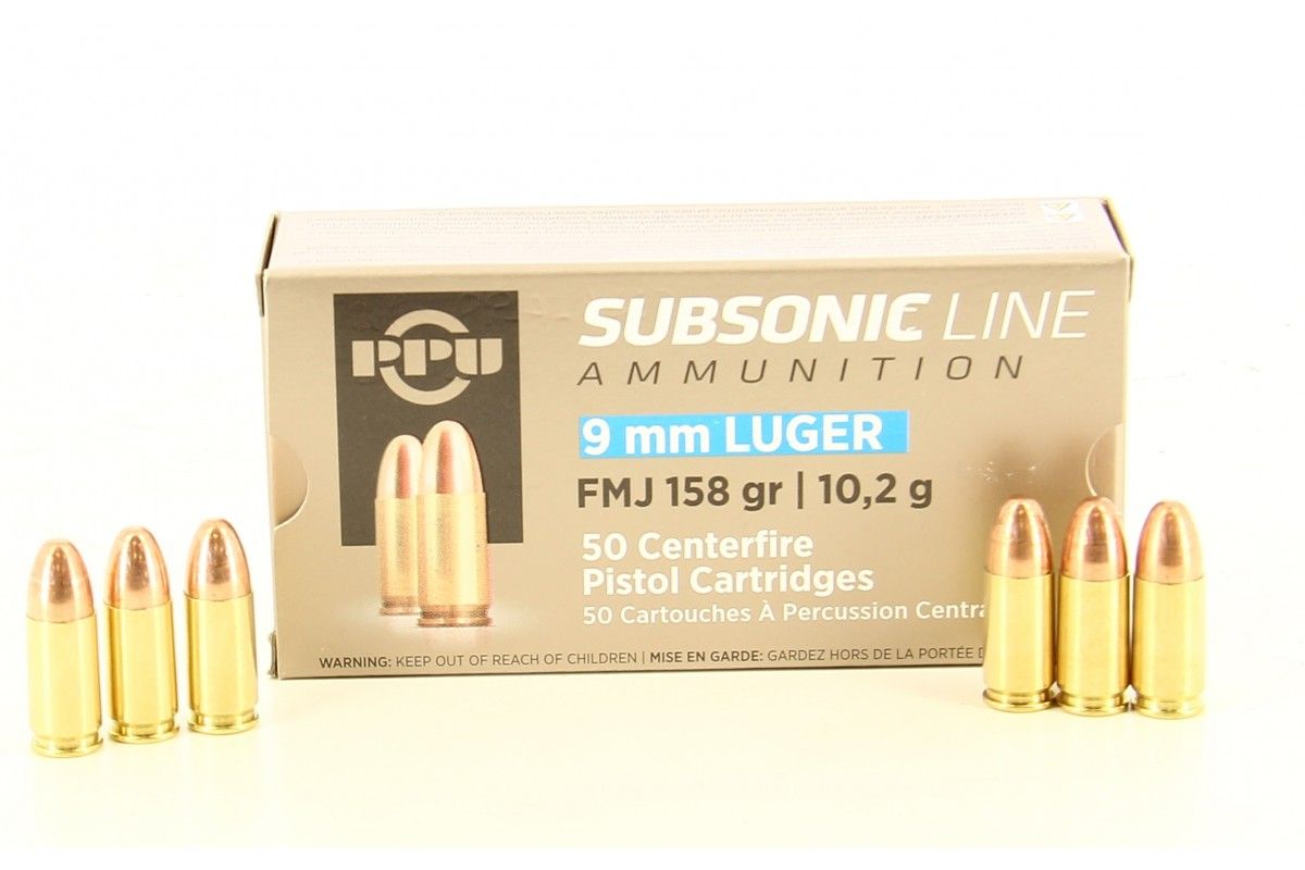 Munitions PPU subsonic 9mm Luger FMJ 158 Grs 