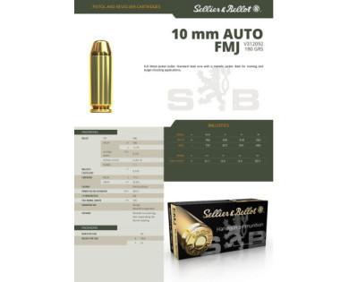 Munitions Sellier & Bellot Calibre 10MM AUTO 180 Grs FMJ - Boite de 50