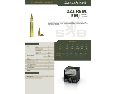Munitions Sellier & Bellot Calibre 223 REMINGTON 69 Grs FMJ - Boite de 100