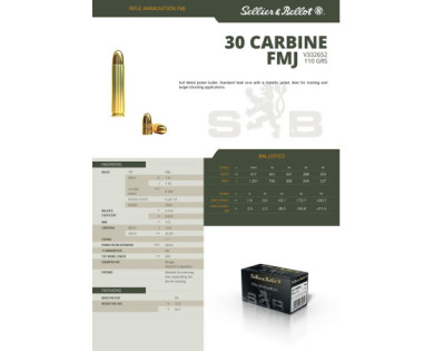 Munitions Sellier & Bellot Calibre 30 CARBINE 110 Grs FMJ - Boite de 50