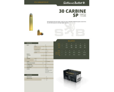 Munitions Sellier & Bellot Calibre 30 CARBINE 110 Grs SP - Boite de 50
