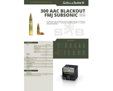 Munitions Sellier & Bellot Calibre 300 AAC BLACKOUT 200 Grs FMJ SUBSONIC - Boite de 100