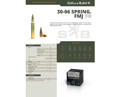 Munitions Sellier & Bellot Calibre 30-06 SPRINGFIELD 147 Grs FMJ - Boite de 50