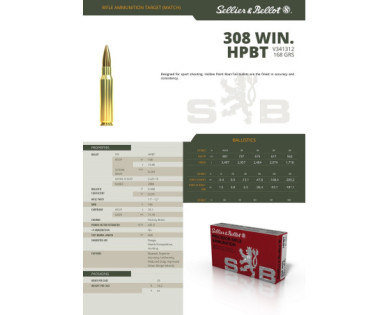 Munitions Sellier & Bellot Calibre 308 WINCHESTER 168 Grs HPBT - Boite de 20