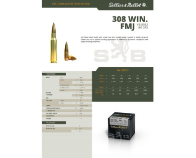 Munitions Sellier & Bellot Calibre 308 WINCHESTER 180 Grs FMJ - Boite de 50