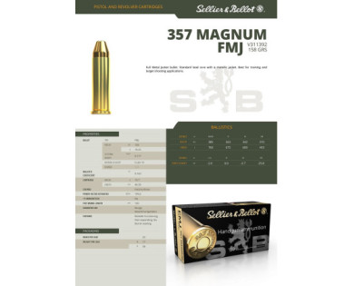 Munitions Sellier & Bellot Calibre 357 MAGNUM 158 Grs FMJ - Boite de 50