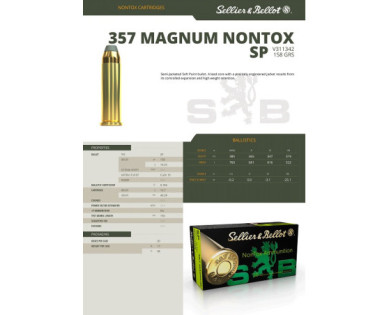Munitions Sellier & Bellot Calibre 357 MAGNUM 158 Grs SP NONTOX - Boite de 50
