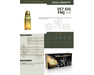 Munitions Sellier & Bellot Calibre 357 SIG 140 Grs FMJ - Boite de 50