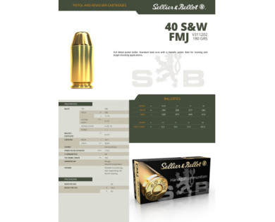 Munitions Sellier & Bellot Calibre 40 Smith & Wesson 180 Grs FMJ - Boite de 50