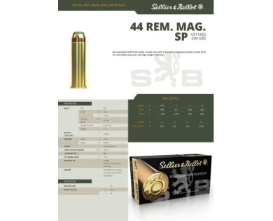 Munitions Sellier & Bellot Calibre 44 REMINGTON MAGNUM 240 Grs SP - Boite de 50