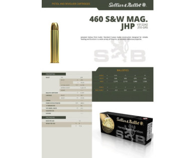 Munitions Sellier & Bellot Calibre 460 S & W MAGNUM 255 Grs JHP - Boite de 20
