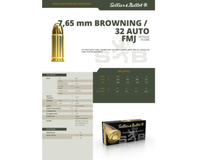 Munitions Sellier & Bellot Calibre 7.65 BROWNING 73 Grs FMJ - Boite de 50