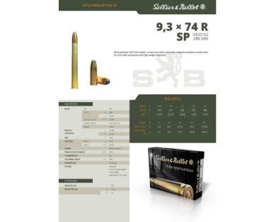 Munitions Sellier & Bellot Calibre 9.3X74R 285 Grs SP - Boite de 20