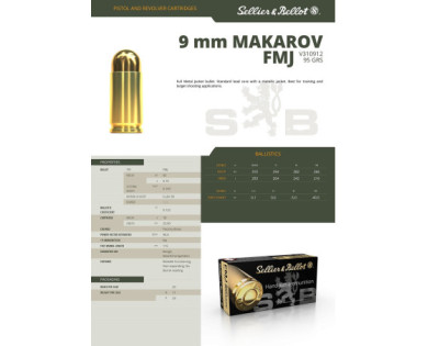 Munitions Sellier & Bellot Calibre 9X18 MAKAROV 95 Grs FMJ - Boite de 50