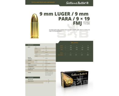 Munitions Sellier & Bellot Calibre 9X19 115 Grs FMJ - Boite de 50