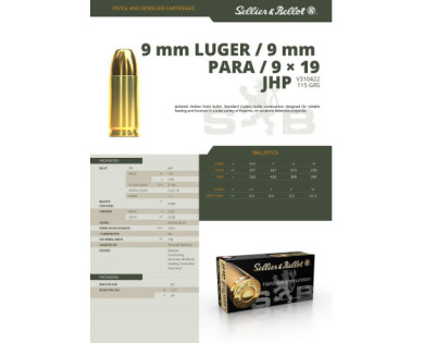 Munitions Sellier & Bellot Calibre 9X19 115 Grs JHP - Boite de 50