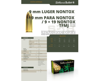 Munitions Sellier & Bellot Calibre 9X19 115 Grs TFMJ NONTOX - Boite de 50
