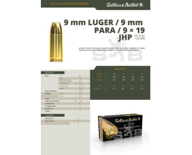 Munitions Sellier & Bellot Calibre 9X19 124 Grs JHP - Boite de 50