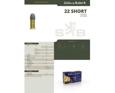 Munitions Sellier & Bellot Calibre 22 COURT 28 Grs LRN-PB - Boite de 50