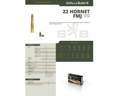 Munitions Sellier & Bellot Calibre 22 HORNET 45 Grs FMJ - Boite de 20
