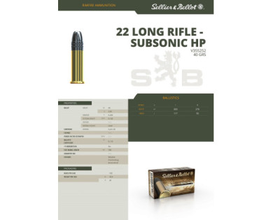 Munitions Sellier & Bellot Calibre 22 LR 40 Grs SUBSONIC HP - Boite de 50