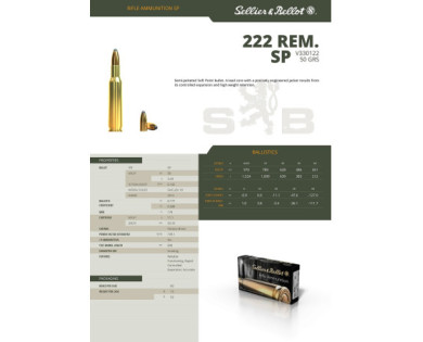 Munitions Sellier & Bellot Calibre 222 REMINGTON 50 Grs SP - Boite de 20