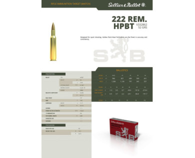 Munitions Sellier & Bellot Calibre 222 REMINGTON 52 Grs HPBT - Boite de 20