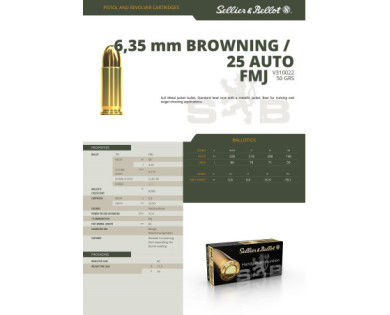 Munitions Sellier & Bellot Calibre 25 AUTO 50 Grs FMJ - Boite de 50