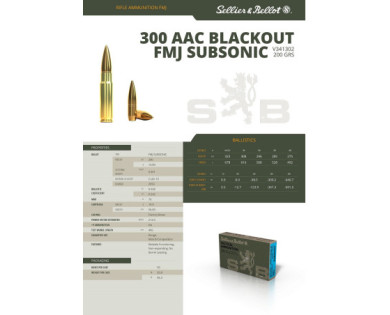 Munitions Sellier & Bellot Calibre 300 AAC BLACKOUT 200 Grs FMJ SUBSONIC - Boite de 20