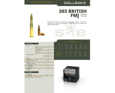 Munitions Sellier & Bellot Calibre 303 BRITISH 180 Grs FMJ - Boite de 50