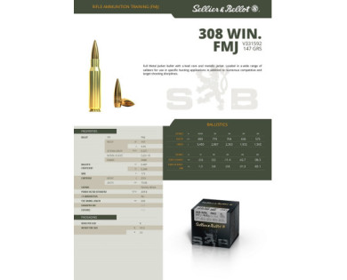 Munitions Sellier & Bellot Calibre 308 WINCHESTER 147 Grs FMJ - Boite de 50