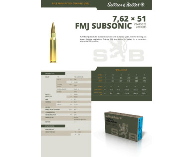 Munitions Sellier & Bellot Calibre 308 WINCHESTER 200 Grs FMJ SUBSONIC - Boite de 20