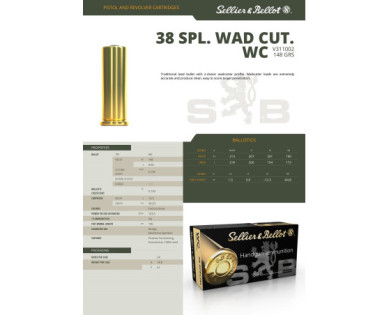 Munitions Sellier & Bellot Calibre 38 SPECIAL 148 Grs WC - Boite de 50