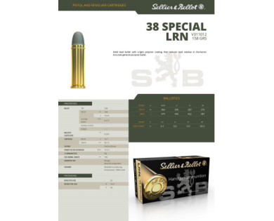 Munitions Sellier & Bellot Calibre 38 SPECIAL 158 Grs LRN - Boite de 50
