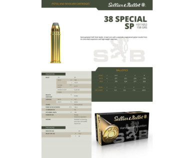 Munitions Sellier & Bellot Calibre 38 SPECIAL 158 Grs SP - Boite de 50
