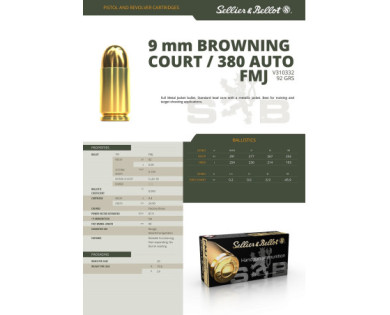 Munitions Sellier & Bellot Calibre 380 AUTO 92 Grs FMJ - Boite de 50