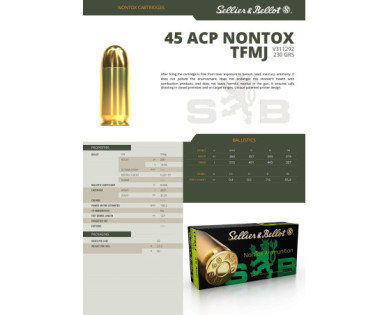 Munitions Sellier & Bellot Calibre 45 AUTO 230 Grs FMJ NONTOX - Boite de 50