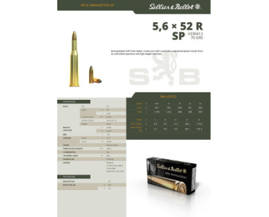 Munitions Sellier & Bellot Calibre 5.6X52R 70 Grs SP - Boite de 20